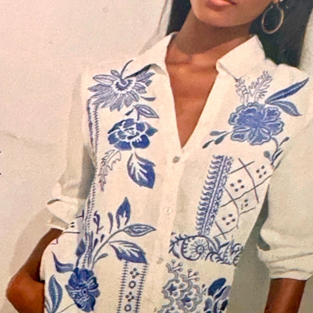 Johnny Was White and Blue Floral Button Down Shirt